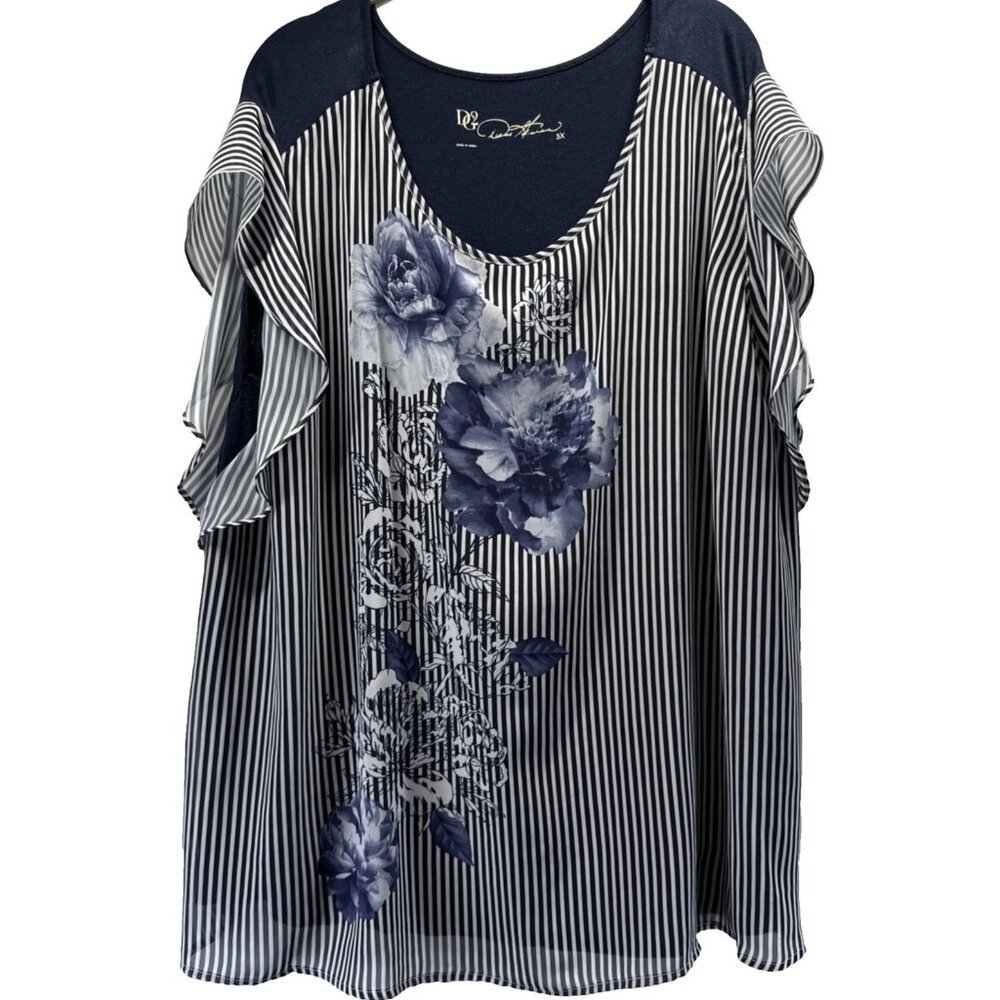 Diane Gilman Women's Top Plus Size 3X Blue White Flutter Sleeves Lined Floral